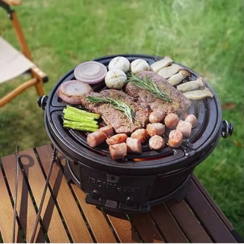 Camping Cooking Cast Iron - Parrilla de carbón redonda, barbacoa de