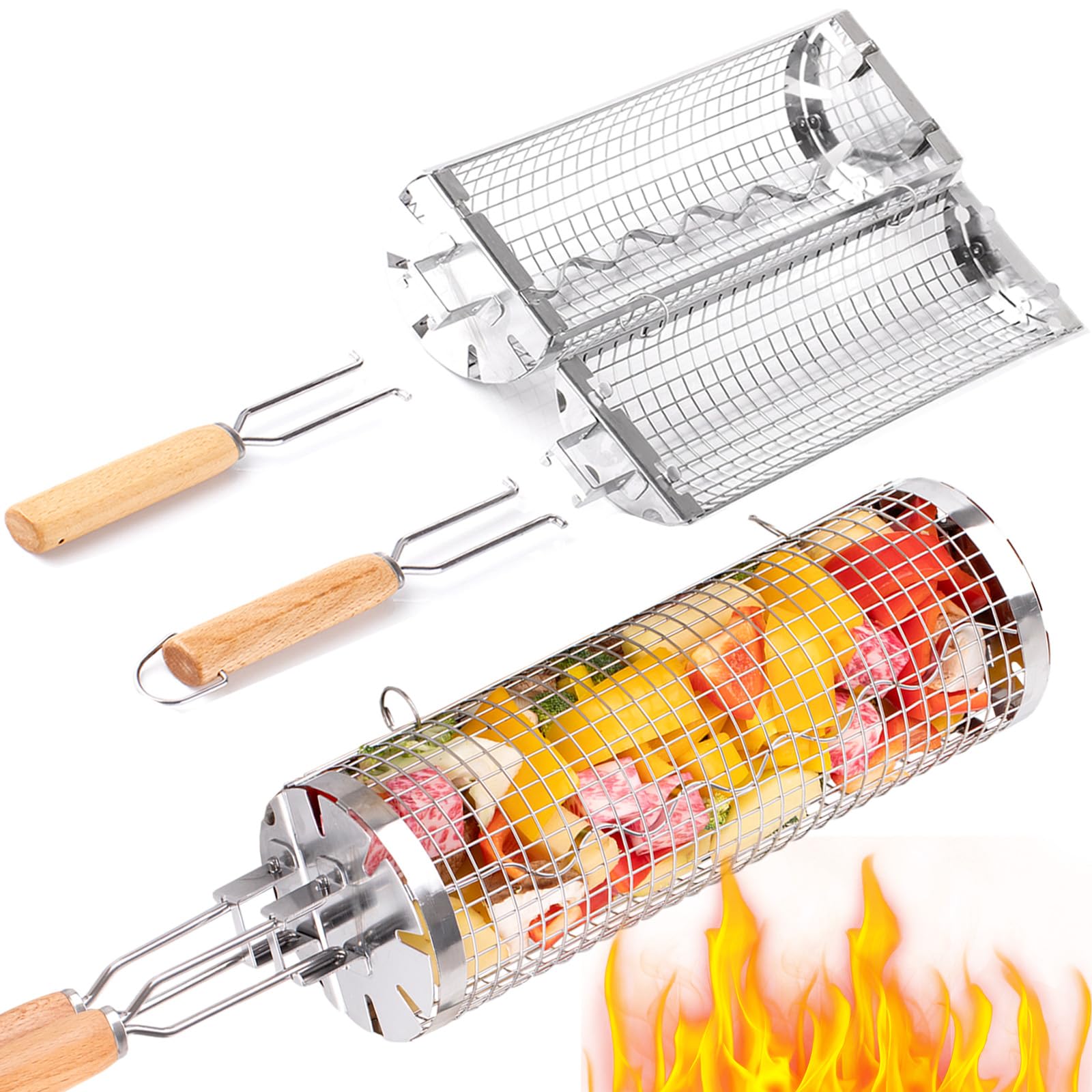 Camping Cooking Mesh - BUYYES-cesta rodante para parrilla, tubo de