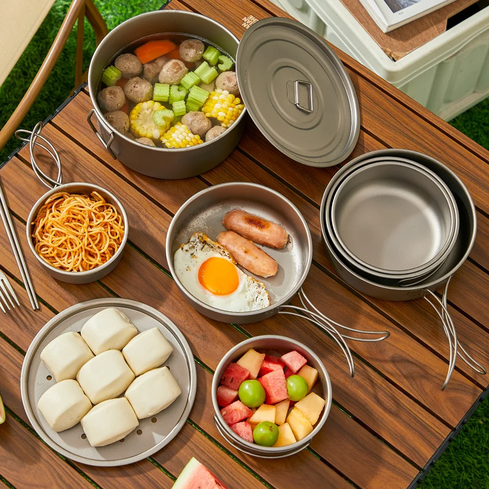 Juego de ollas de titanio para - Camping Cooking Mesh reseña y precio